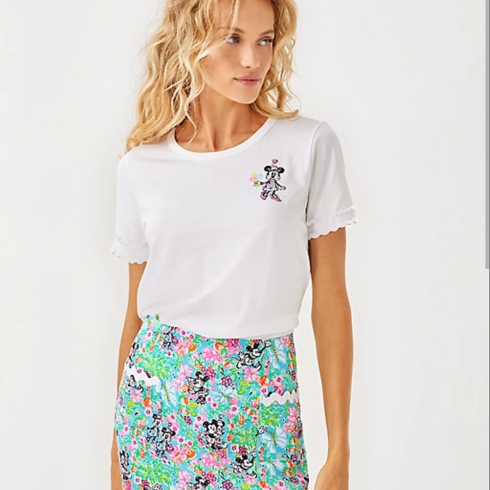 Lilly Pulitzer White Tee with Floral Minnie Mouse Embroidery